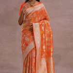 Fire Orange Banarasi Tissue Saree With Silver Zari Border