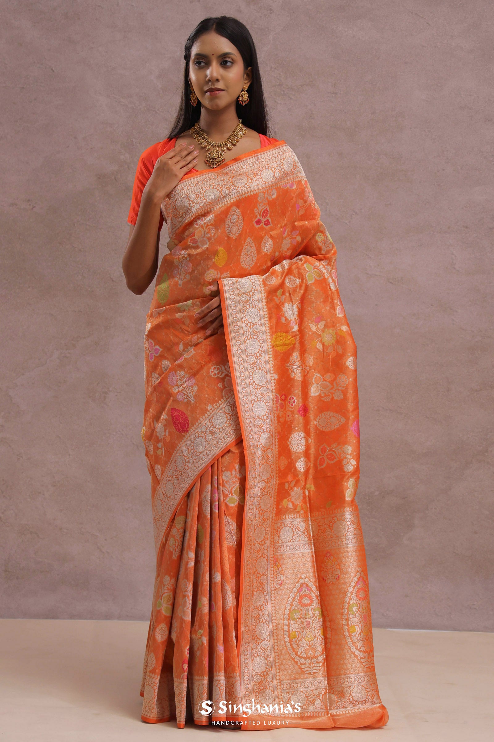 Fire Orange Banarasi Tissue Saree With Silver Zari Border