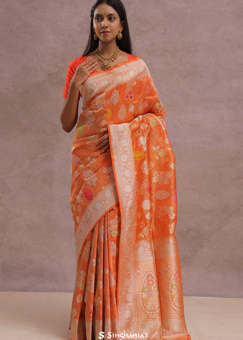 <img> Fire Orange Banarasi Tissue Saree With Silver Zari Border