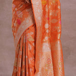 Fire Orange Banarasi Tissue Saree With Silver Zari Border