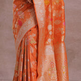 Fire Orange Banarasi Tissue Saree With Silver Zari Border