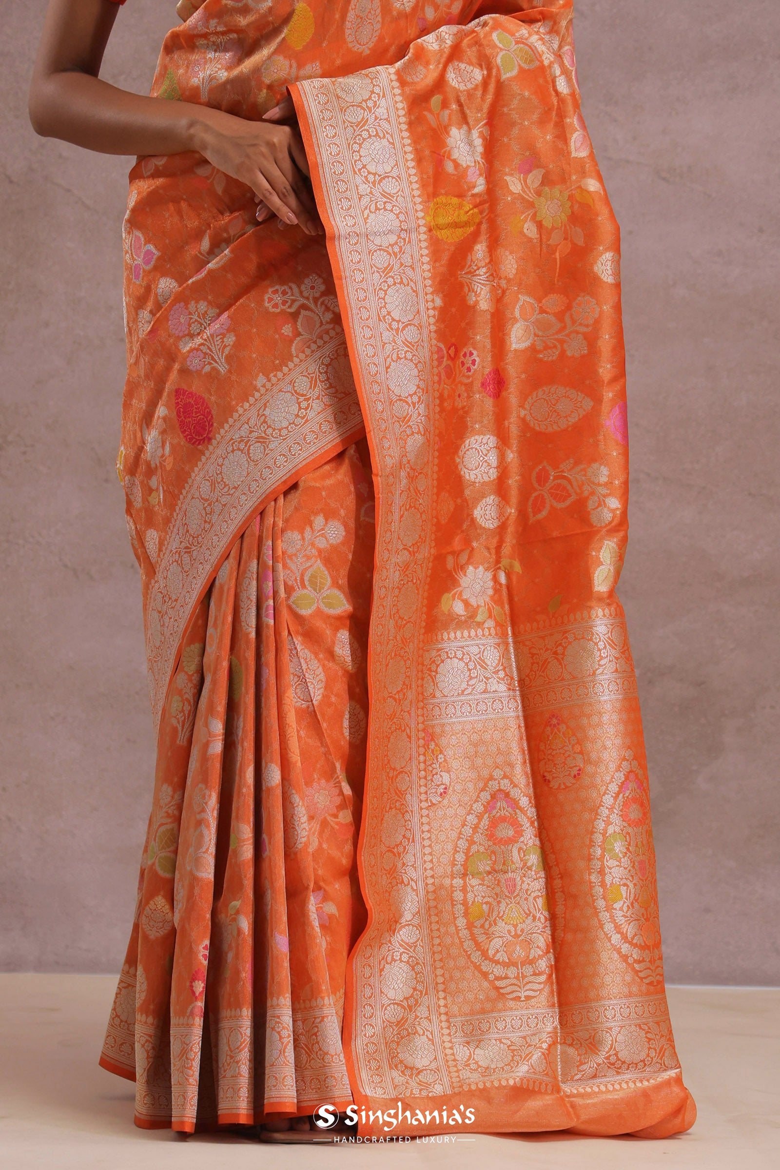 Fire Orange Banarasi Tissue Saree With Silver Zari Border