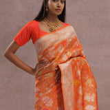 Fire Orange Banarasi Tissue Saree With Silver Zari Border
