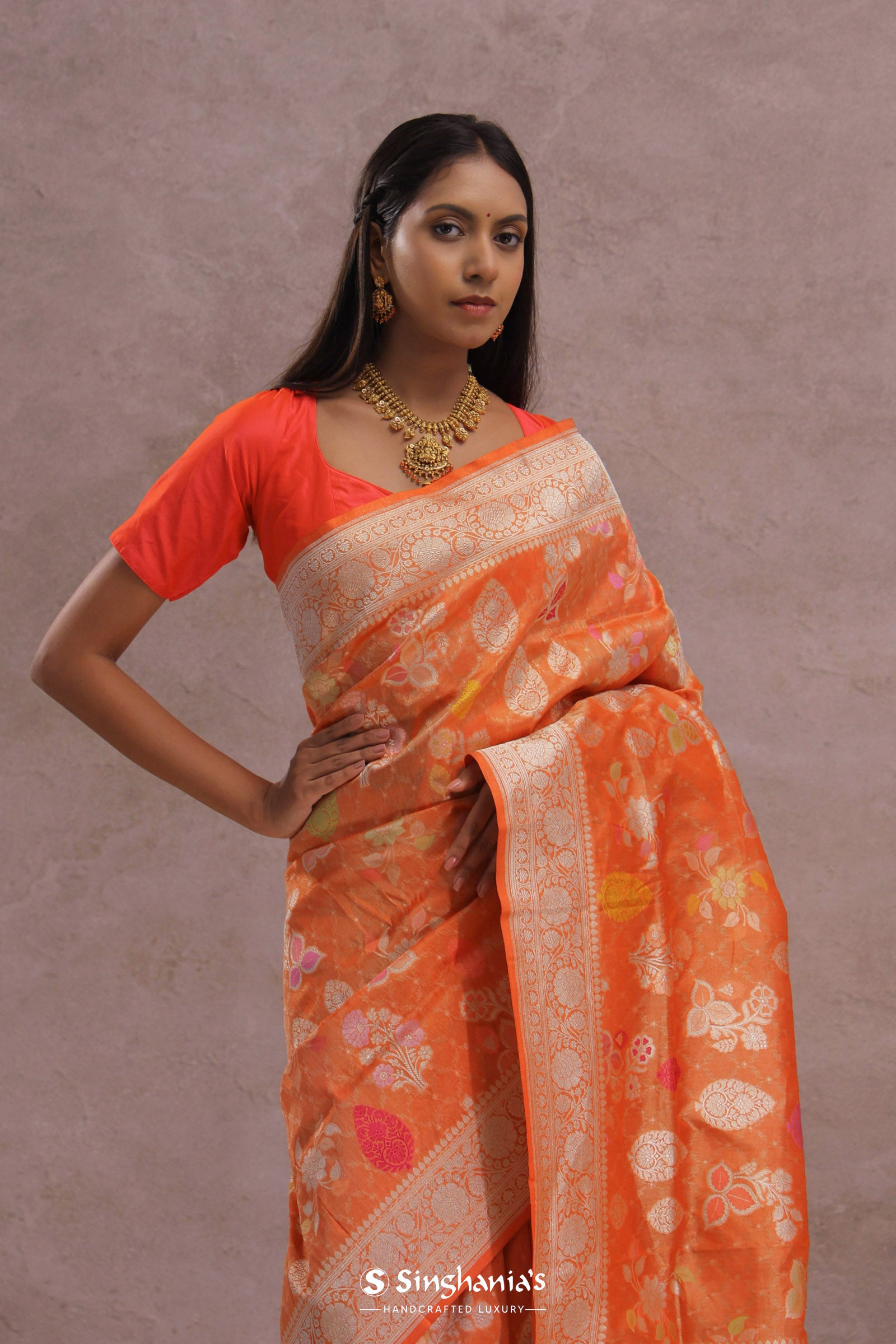 Fire Orange Banarasi Tissue Saree With Silver Zari Border