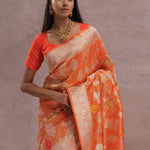 Fire Orange Banarasi Tissue Saree With Silver Zari Border