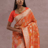 Fire Orange Banarasi Tissue Saree With Silver Zari Border