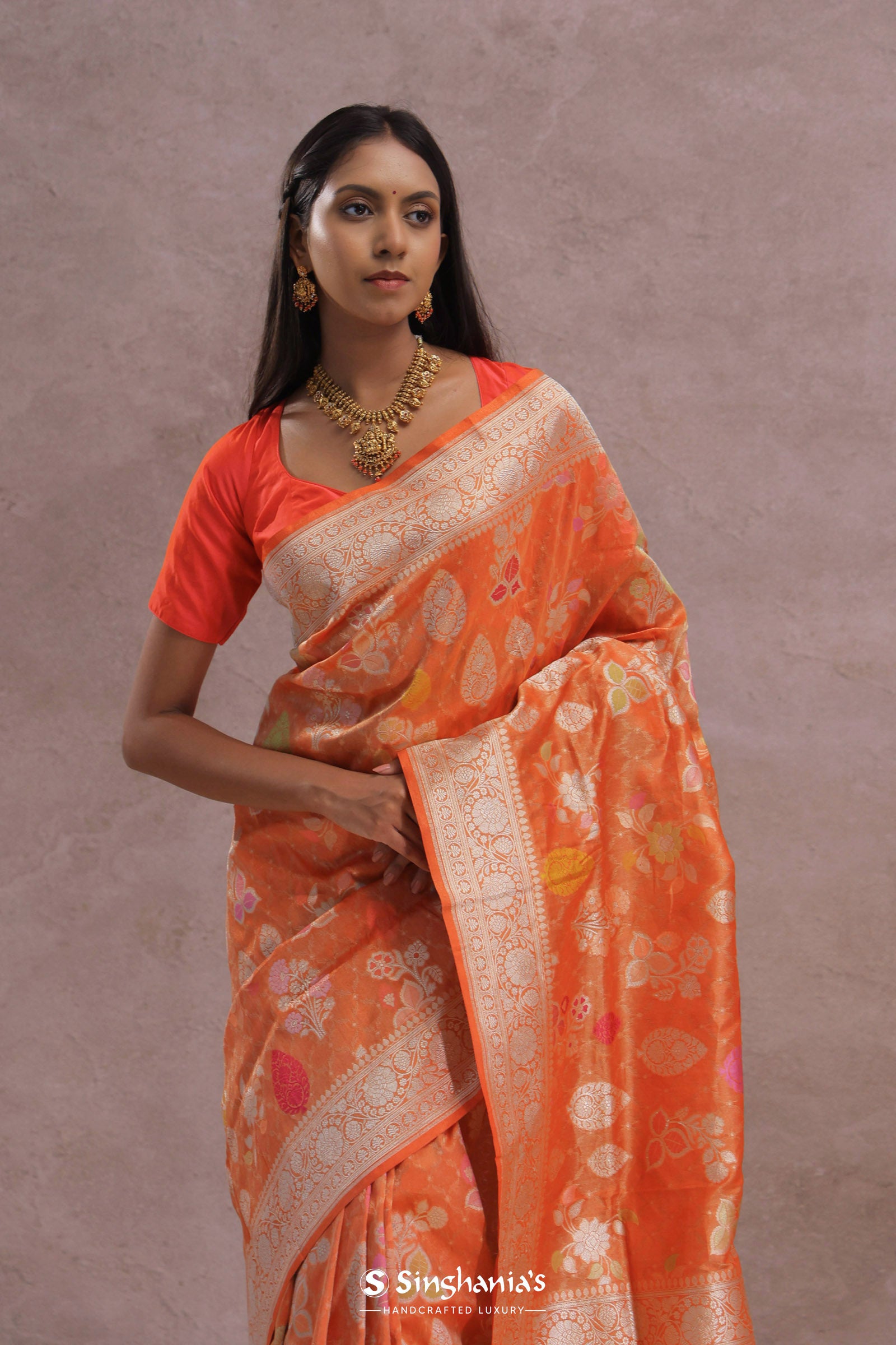 Fire Orange Banarasi Tissue Saree With Silver Zari Border