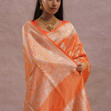Fire Orange Banarasi Tissue Saree With Silver Zari Border