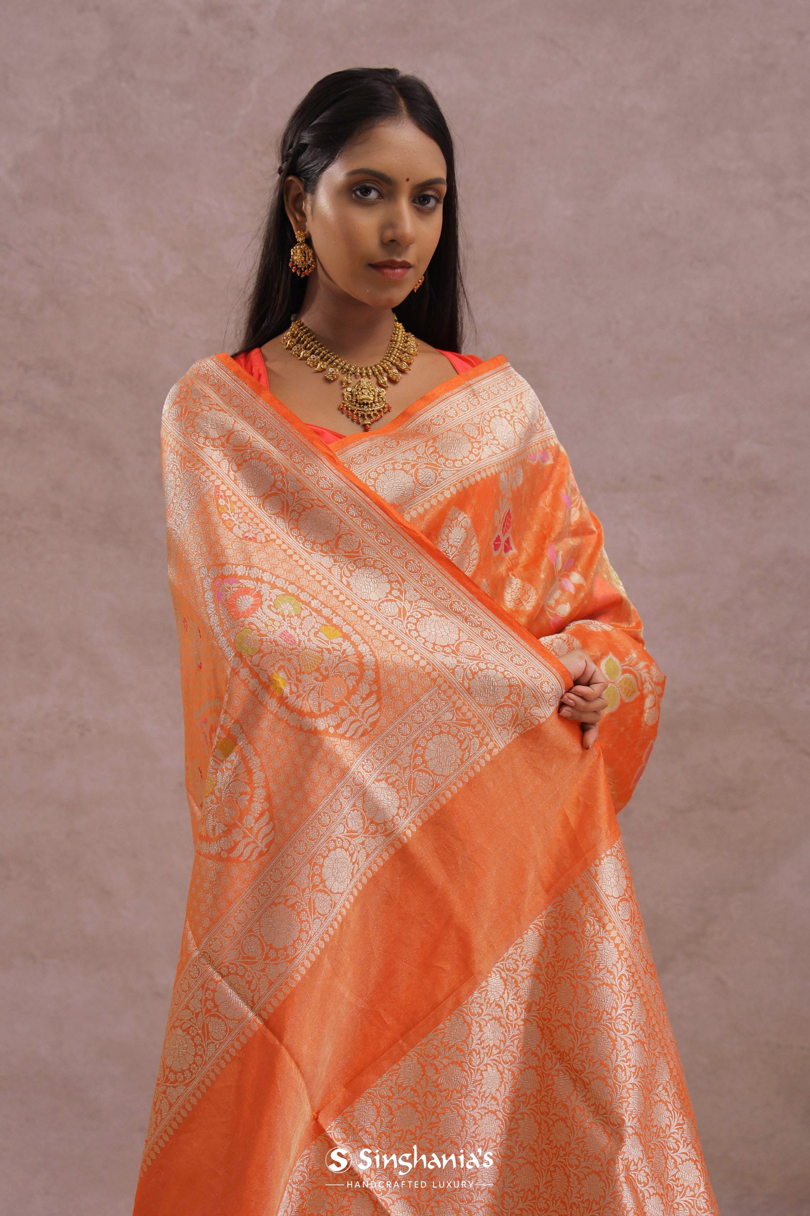 Fire Orange Banarasi Tissue Saree With Silver Zari Border