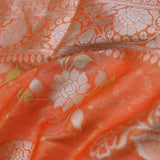 Fire Orange Banarasi Tissue Saree With Silver Zari Border