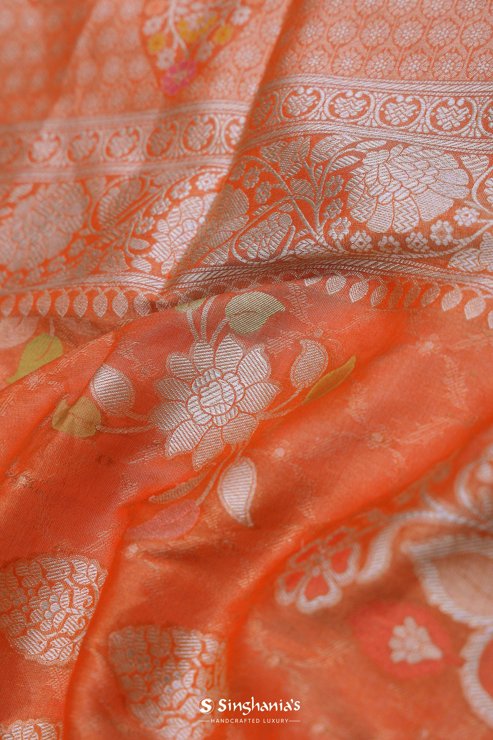 Fire Orange Banarasi Tissue Saree With Silver Zari Border