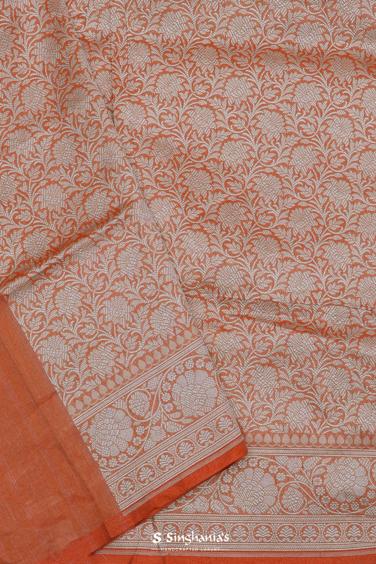 Fire Orange Banarasi Tissue Saree With Silver Zari Border