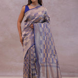 Blue Banarasi Silk Saree With Geometrical Check Boxes