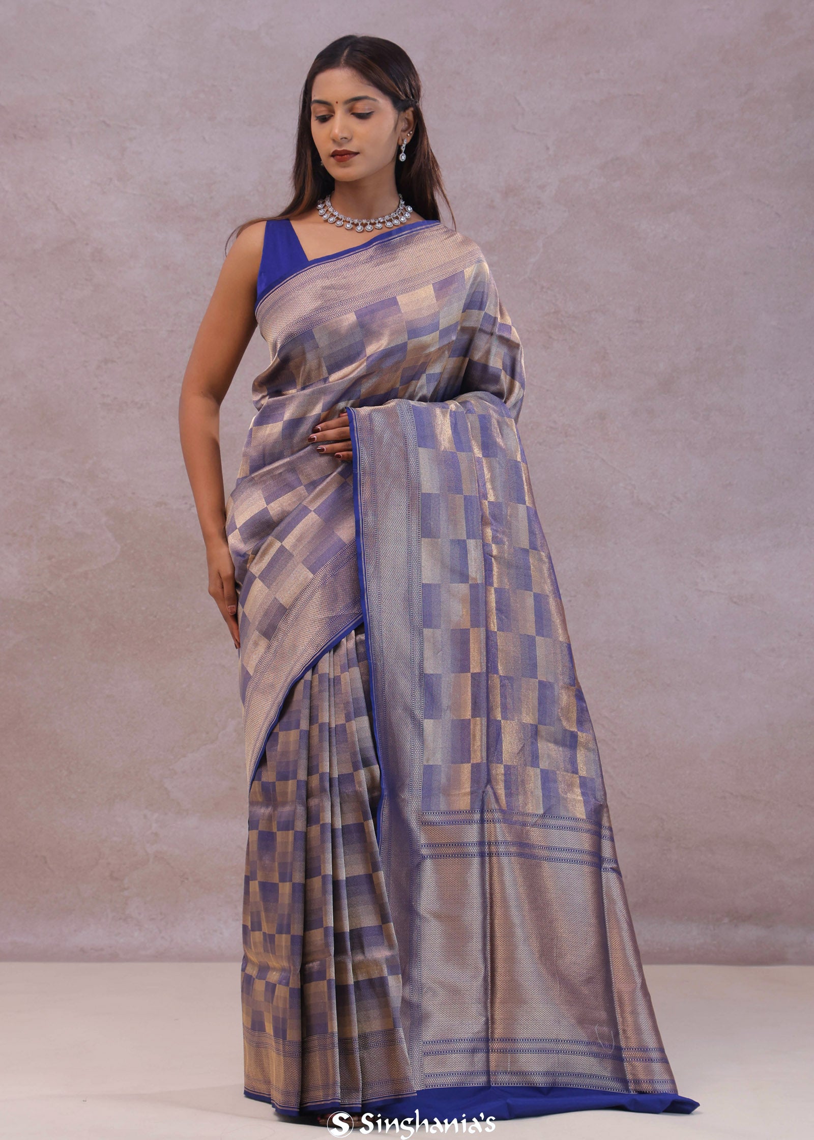 Blue Banarasi Silk Saree With Geometrical Check Boxes