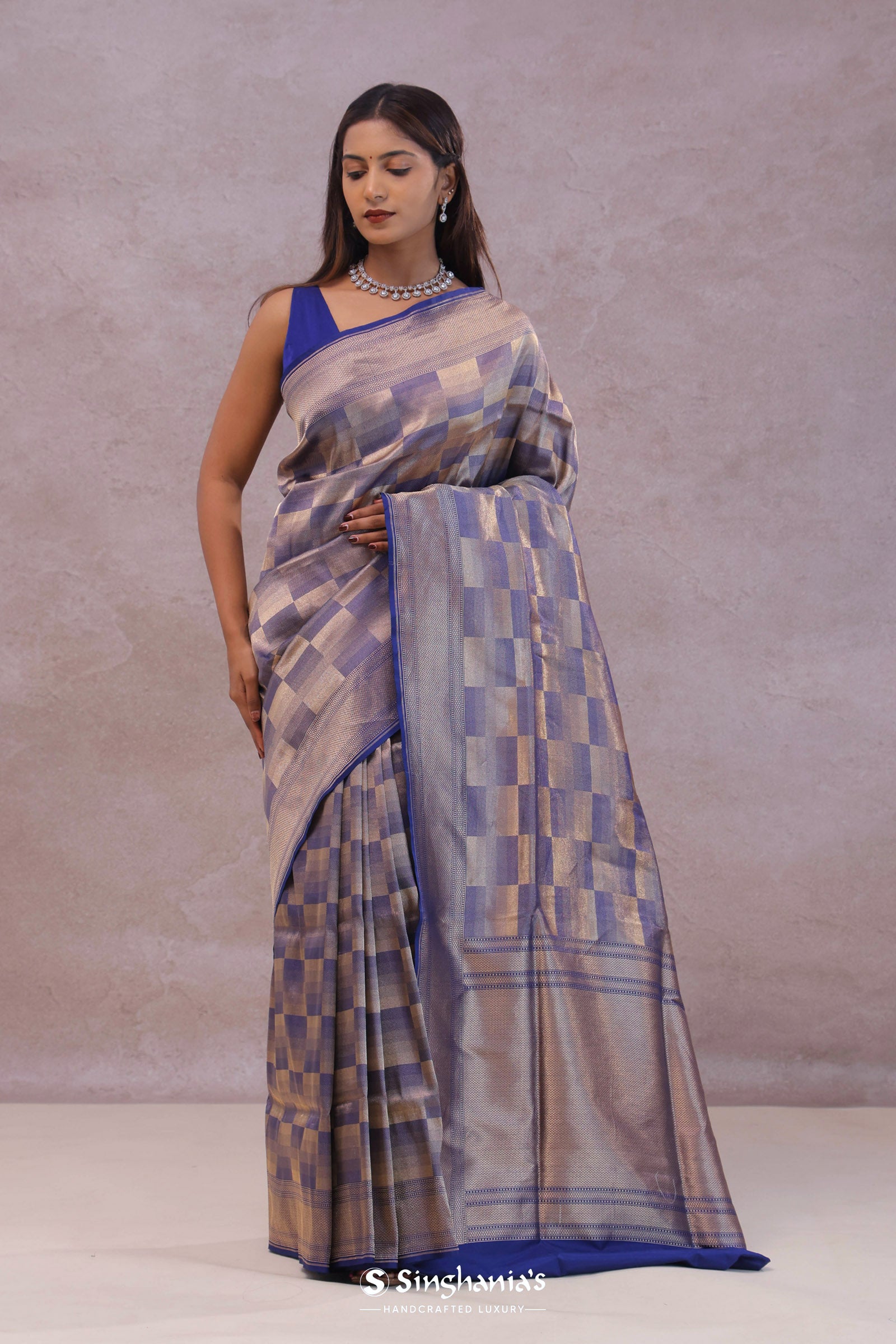 Blue Banarasi Silk Saree With Geometrical Check Boxes