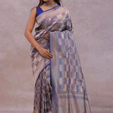 Blue Banarasi Silk Saree With Geometrical Check Boxes