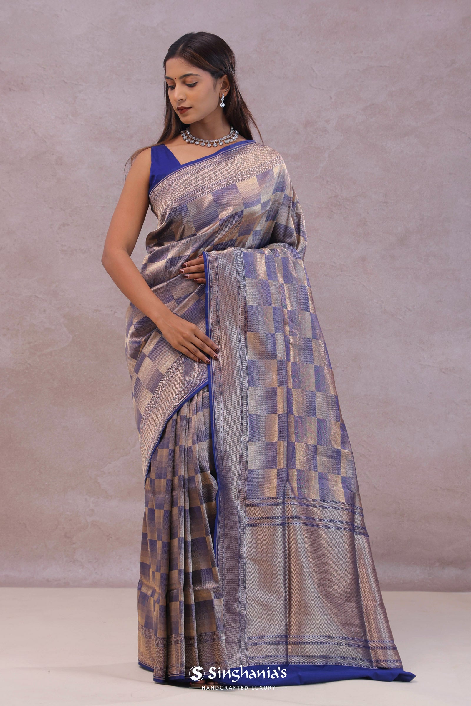 Blue Banarasi Silk Saree With Geometrical Check Boxes