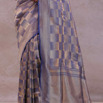 Blue Banarasi Silk Saree With Geometrical Check Boxes