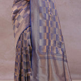 Blue Banarasi Silk Saree With Geometrical Check Boxes