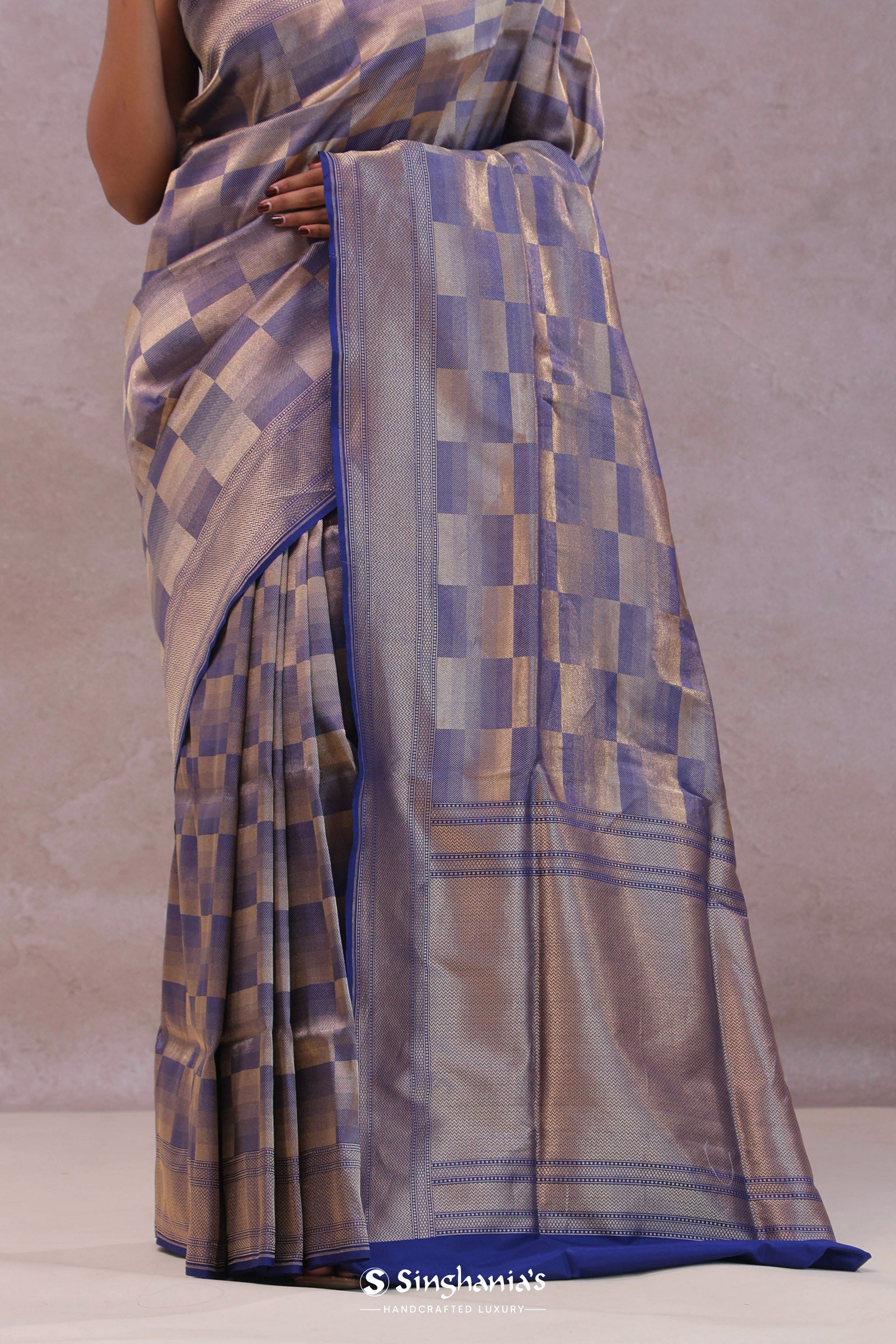 Blue Banarasi Silk Saree With Geometrical Check Boxes