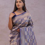 Blue Banarasi Silk Saree With Geometrical Check Boxes