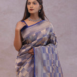 Blue Banarasi Silk Saree With Geometrical Check Boxes