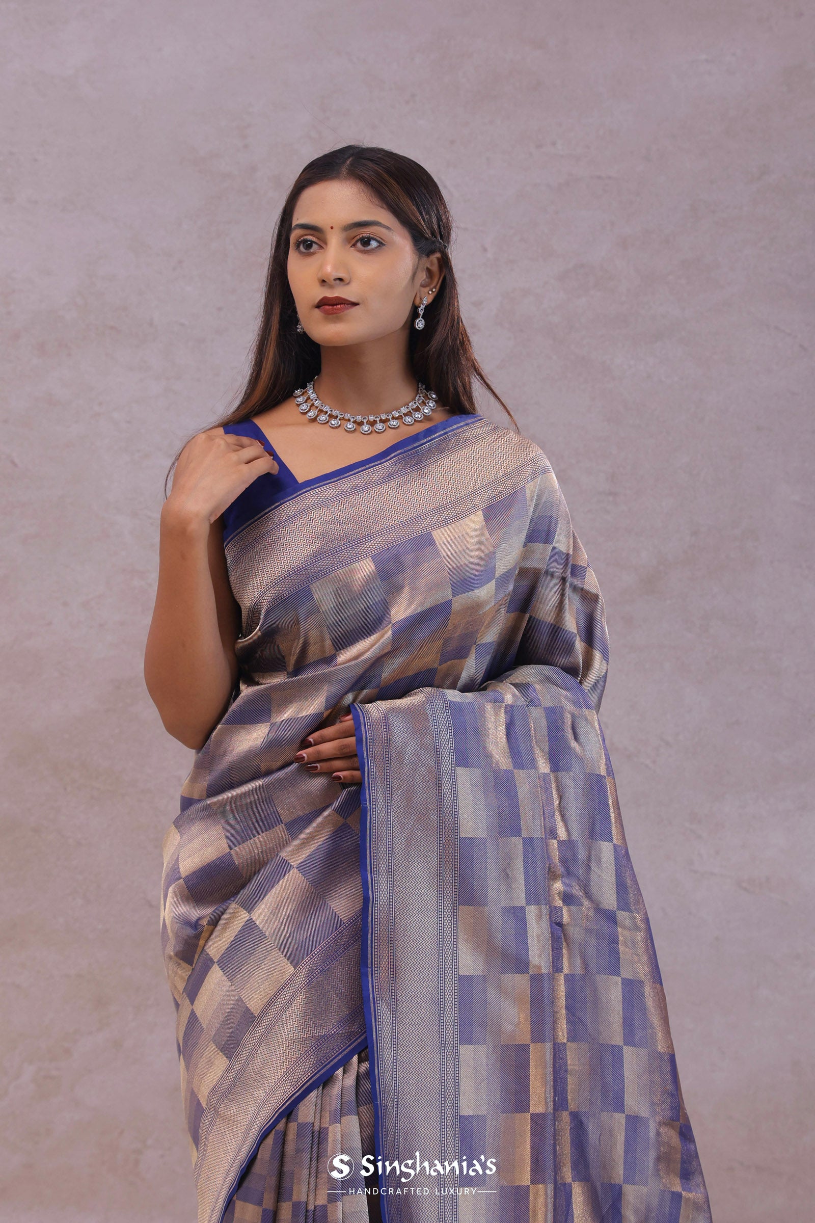 Blue Banarasi Silk Saree With Geometrical Check Boxes