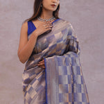 Blue Banarasi Silk Saree With Geometrical Check Boxes