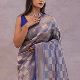 Blue Banarasi Silk Saree With Geometrical Check Boxes