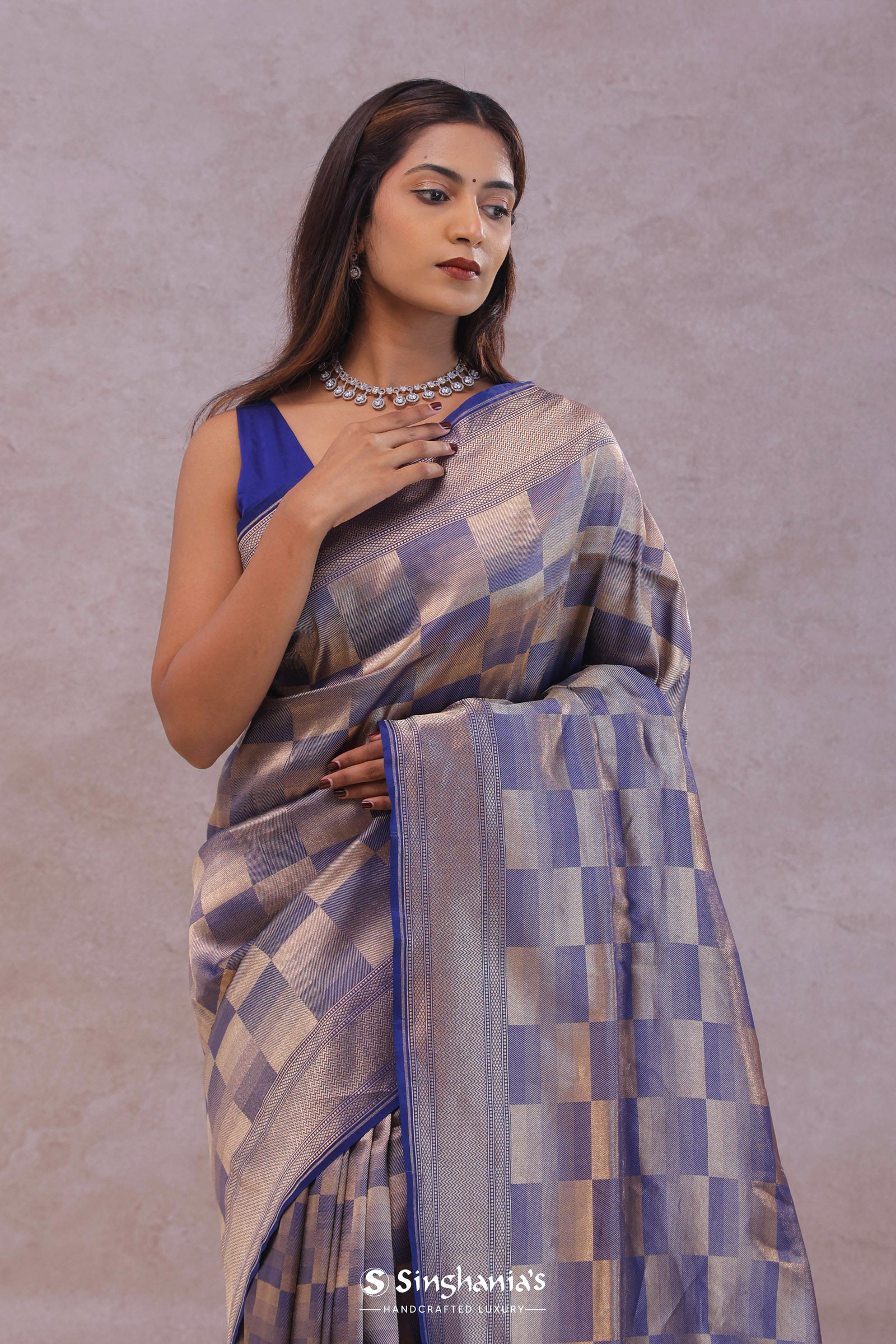 Blue Banarasi Silk Saree With Geometrical Check Boxes