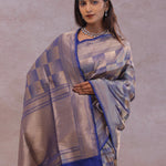Blue Banarasi Silk Saree With Geometrical Check Boxes