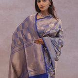 Blue Banarasi Silk Saree With Geometrical Check Boxes