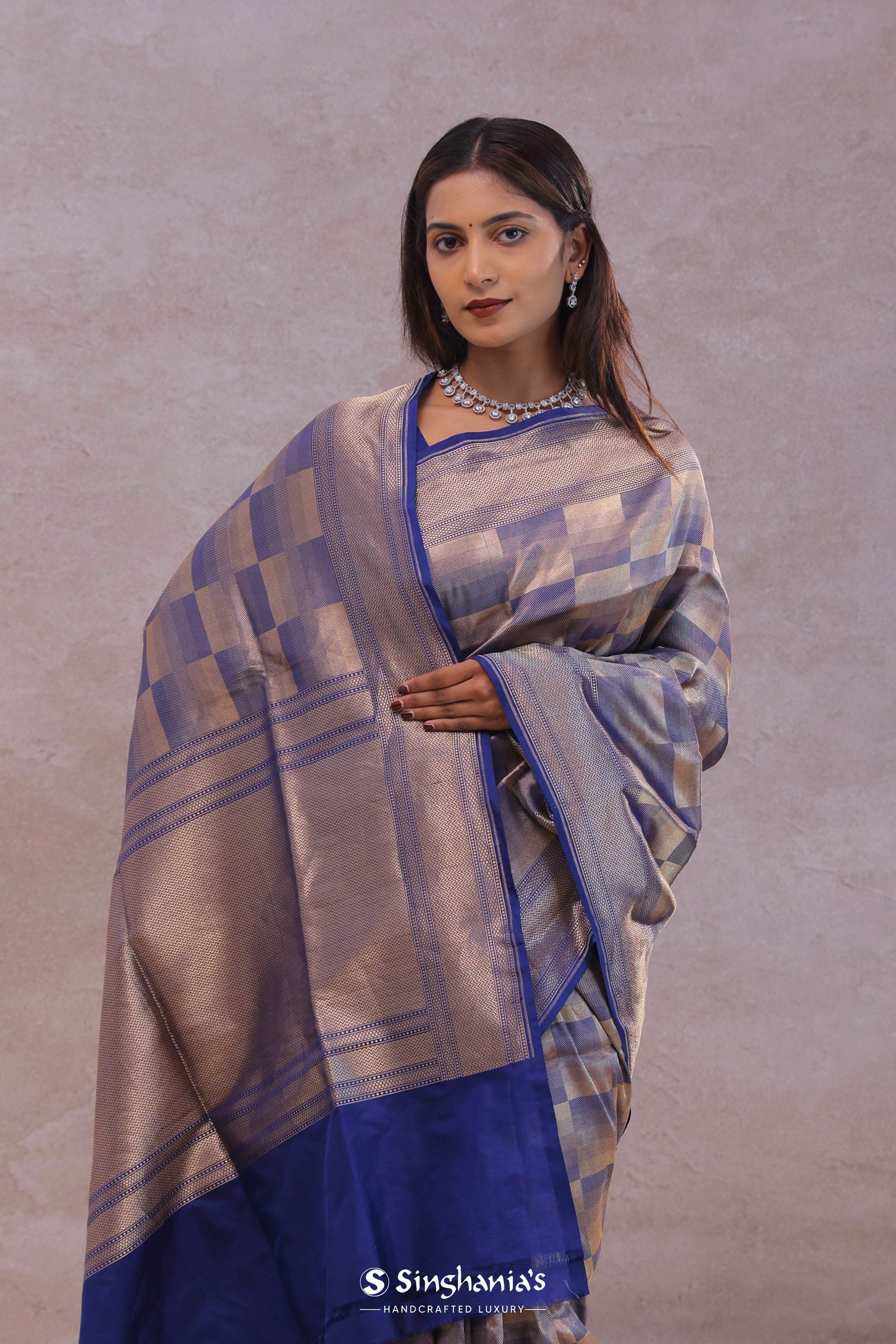Blue Banarasi Silk Saree With Geometrical Check Boxes