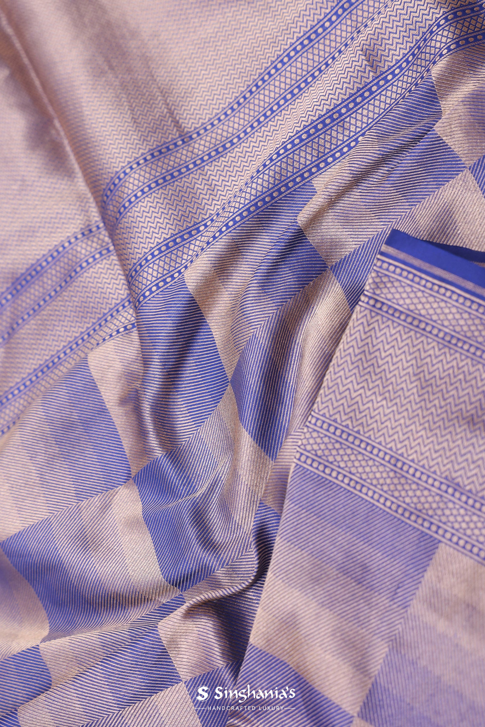 Blue Banarasi Silk Saree With Geometrical Check Boxes