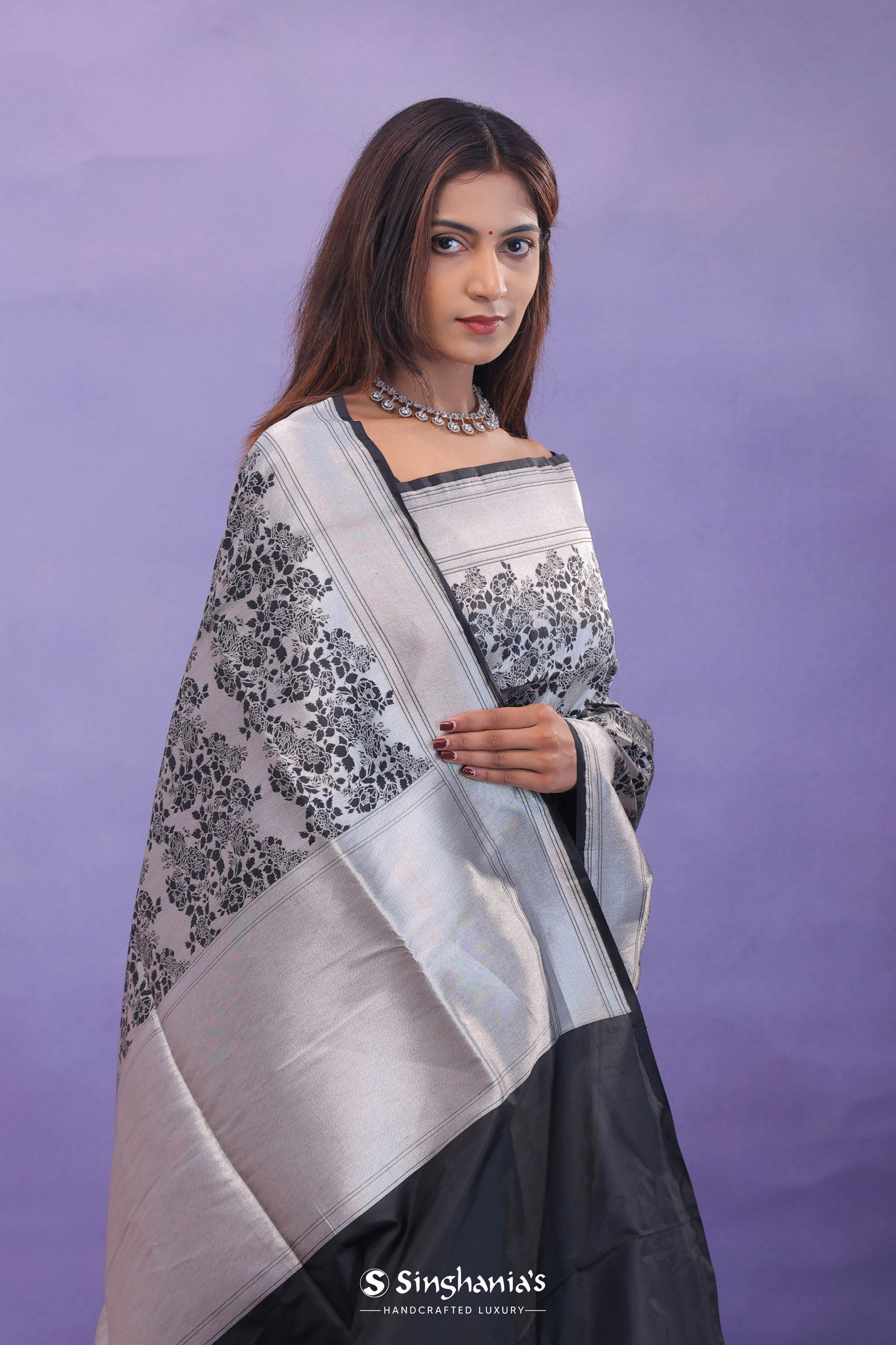Black Banarasi Silk Saree With Floral Design