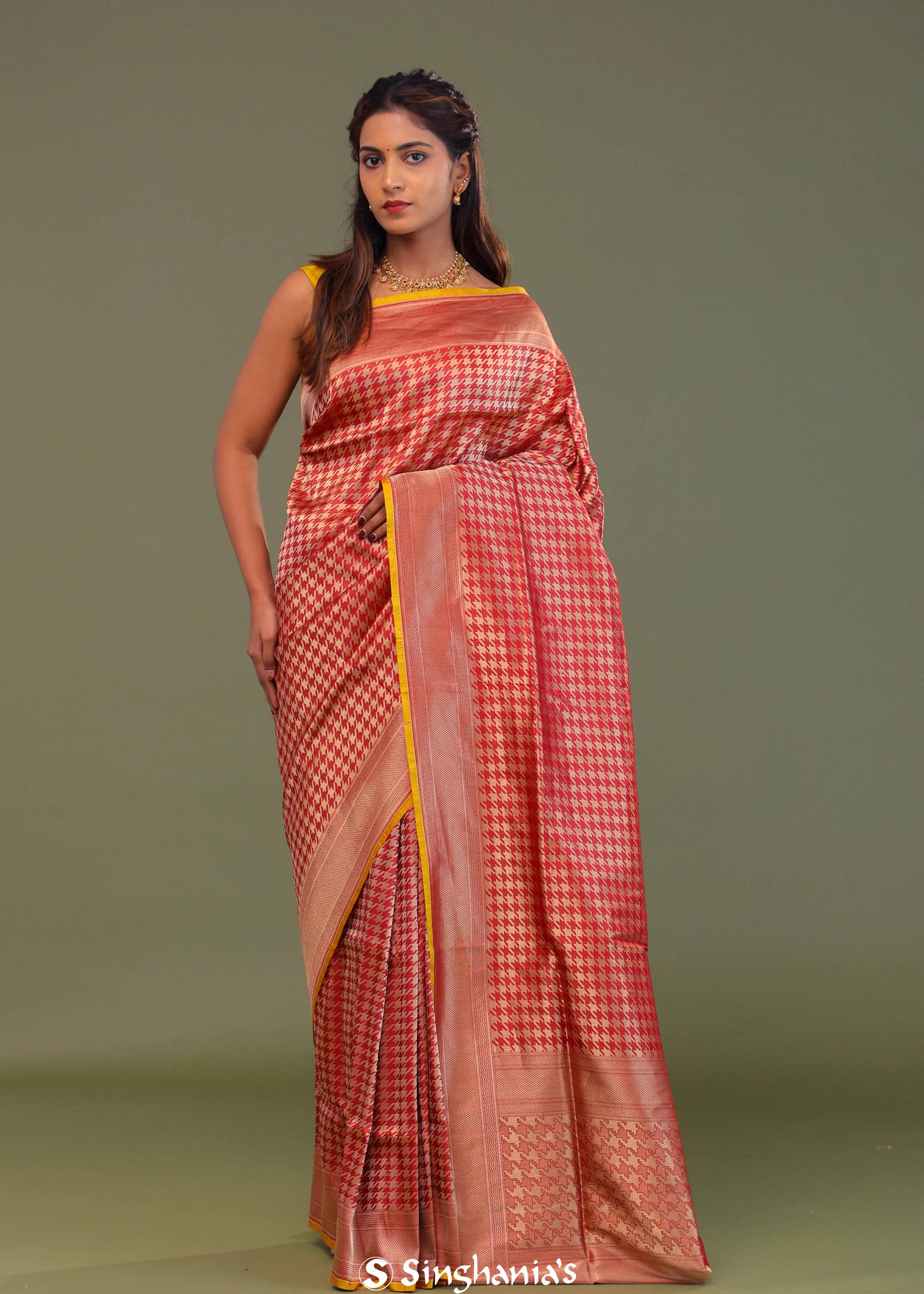 Red Banarasi Saree With Contrast Edge And Abstract Design