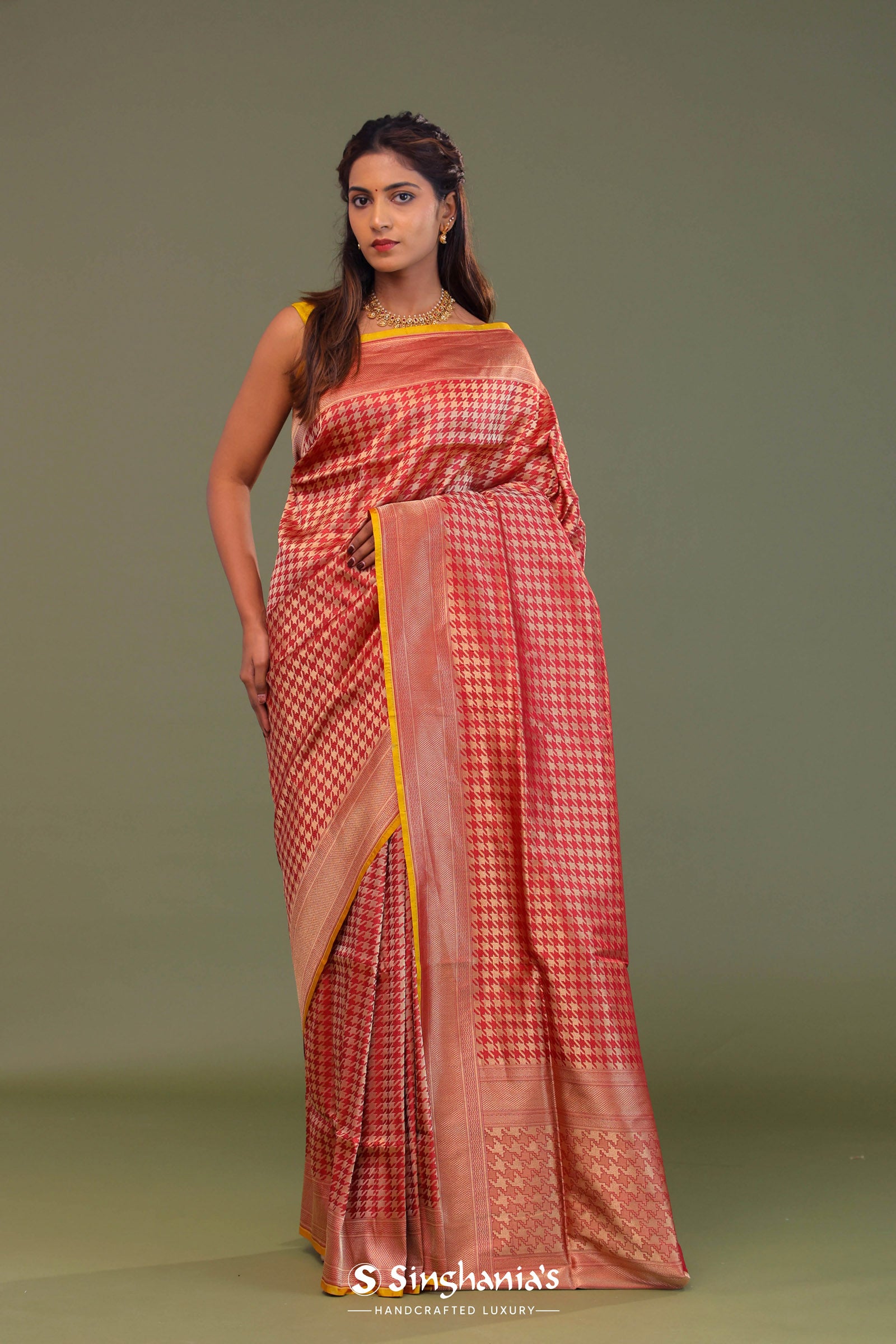 Red Banarasi Saree With Contrast Edge And Abstract Design