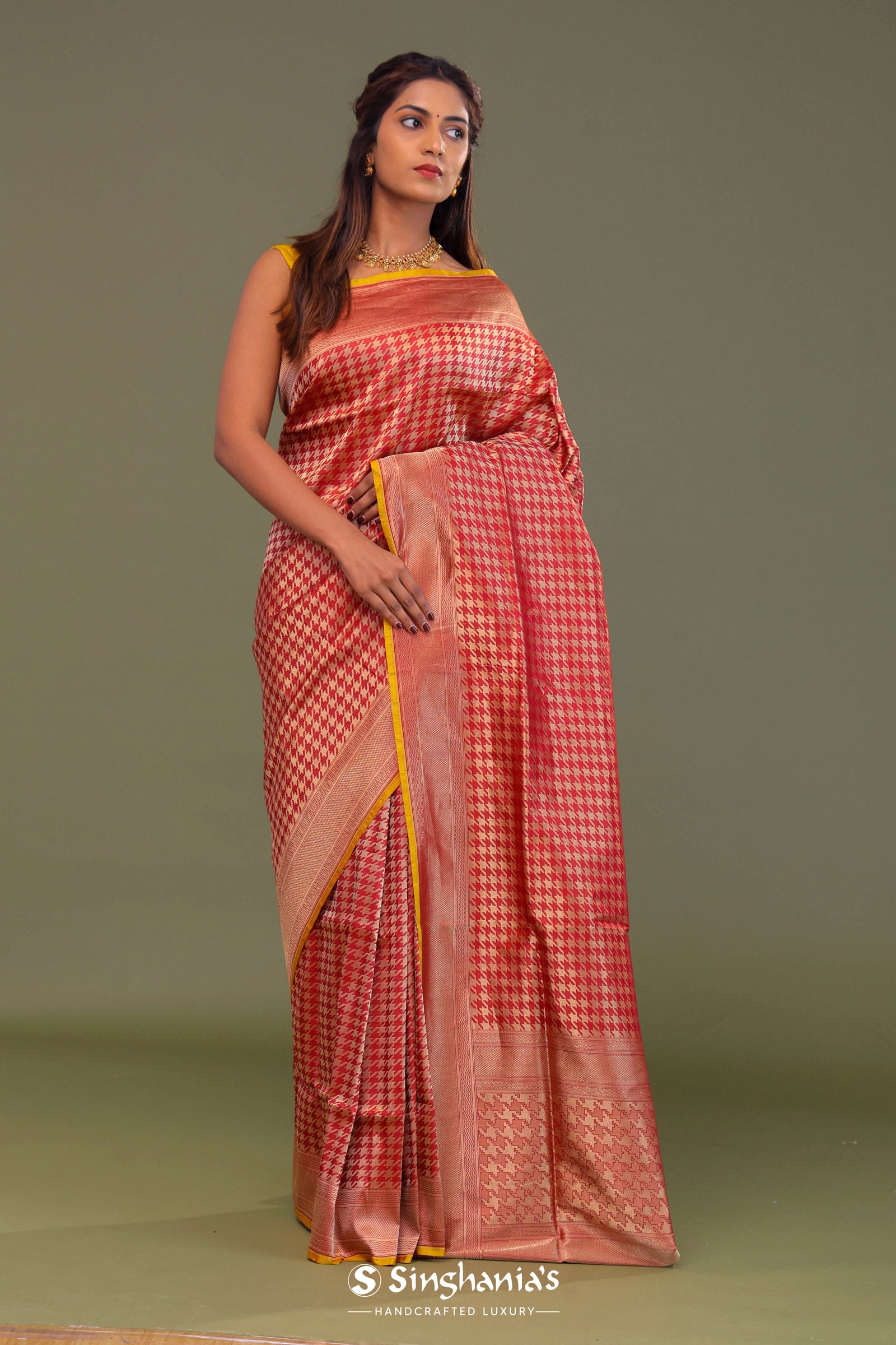 Red Banarasi Saree With Contrast Edge And Abstract Design