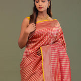 Red Banarasi Saree With Contrast Edge And Abstract Design