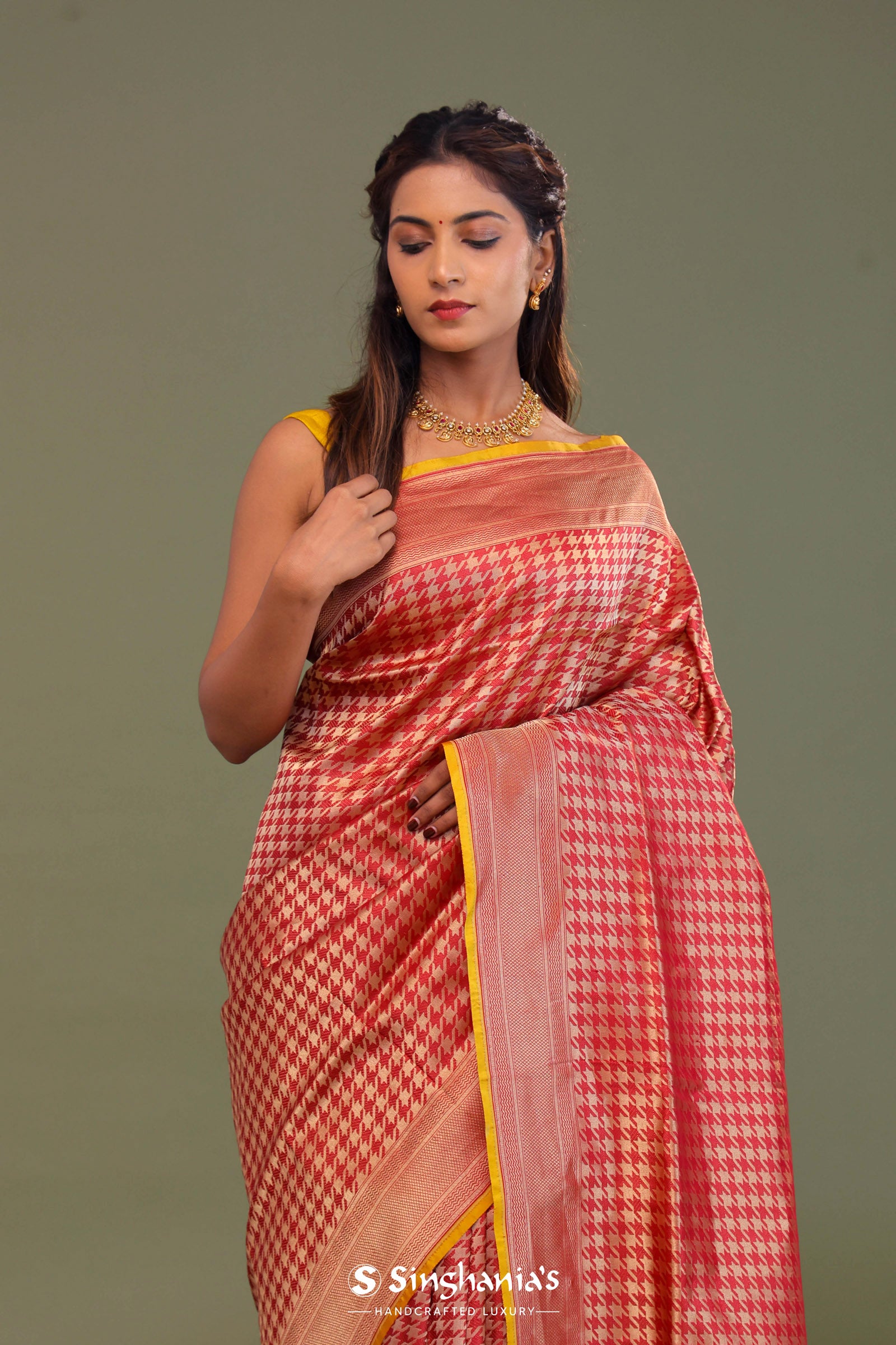 Red Banarasi Saree With Contrast Edge And Abstract Design