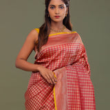 Red Banarasi Saree With Contrast Edge And Abstract Design
