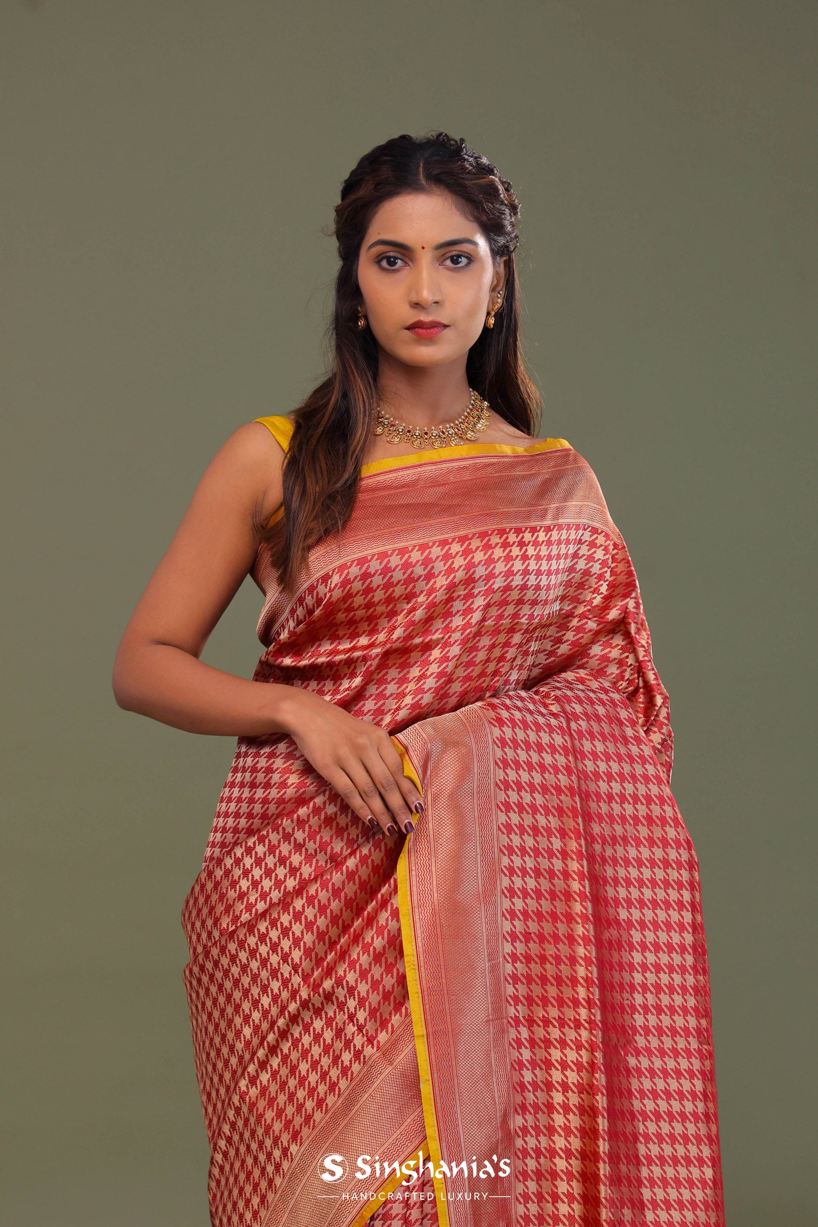 Red Banarasi Saree With Contrast Edge And Abstract Design