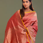 Red Banarasi Saree With Contrast Edge And Abstract Design