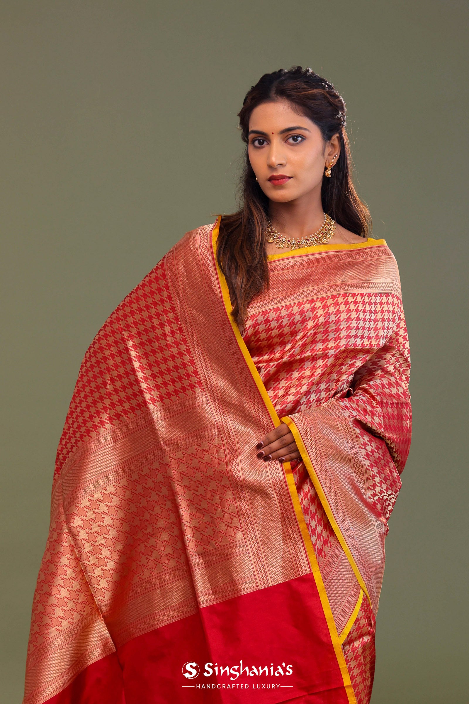 Red Banarasi Saree With Contrast Edge And Abstract Design