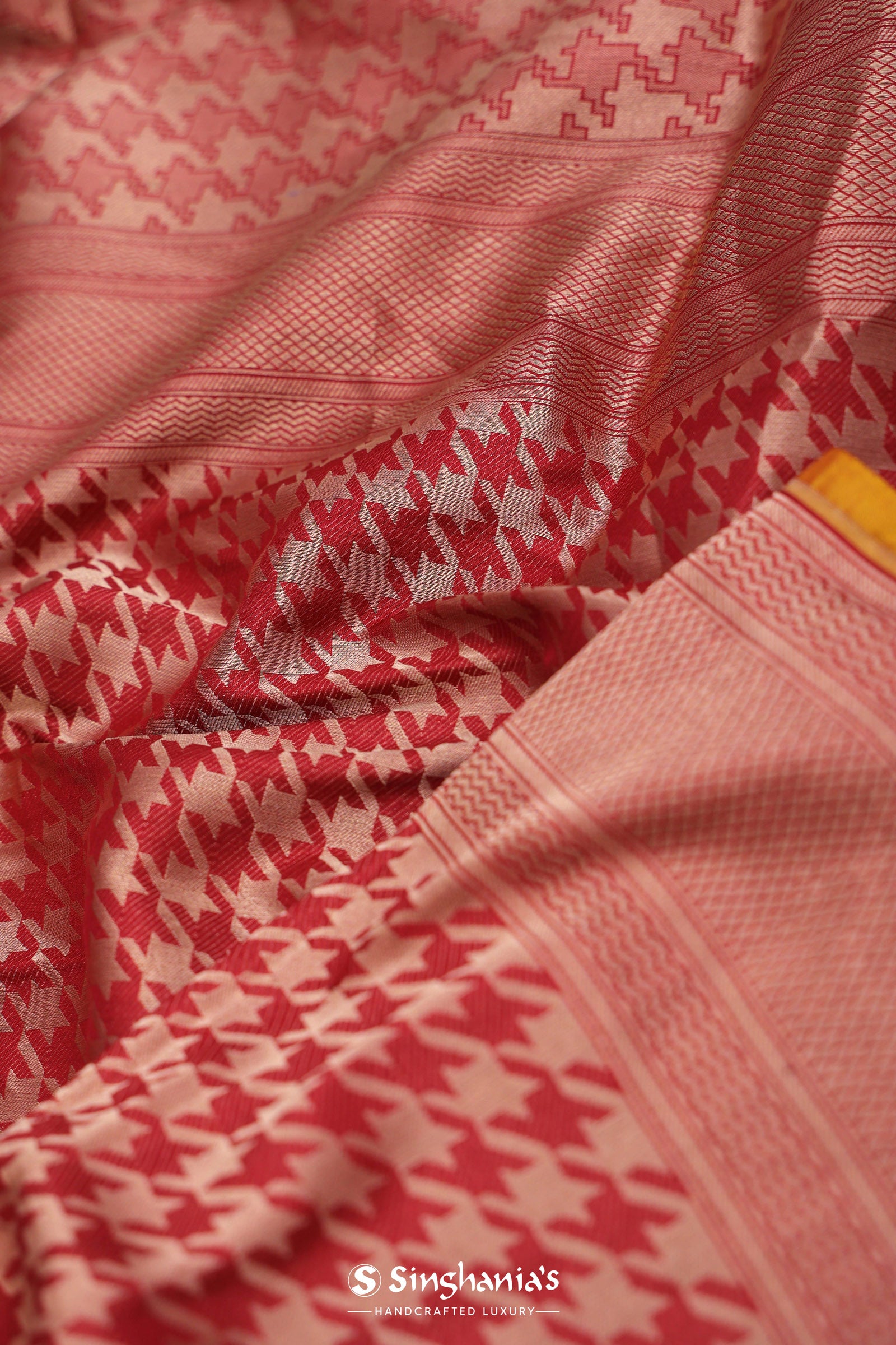 Red Banarasi Saree With Contrast Edge And Abstract Design