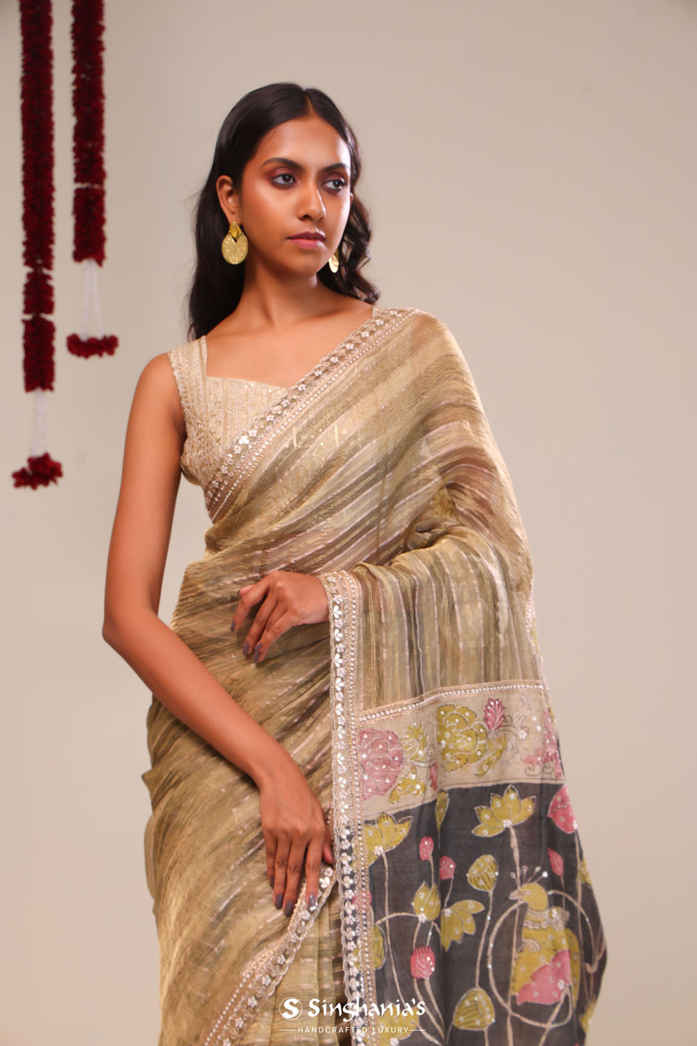 Khaki Green Handcrafted Designer Tissue Saree