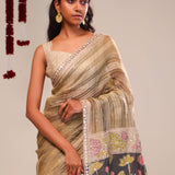 Khaki Green Handcrafted Designer Tissue Saree