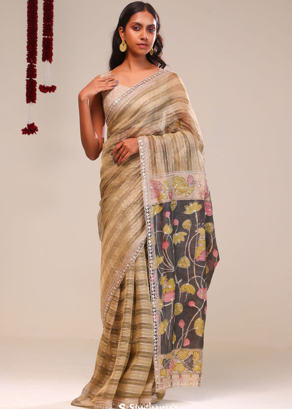 Khaki Green Handcrafted Designer Tissue Saree