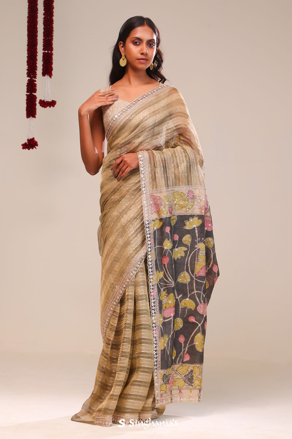 Khaki Green Handcrafted Designer Tissue Saree