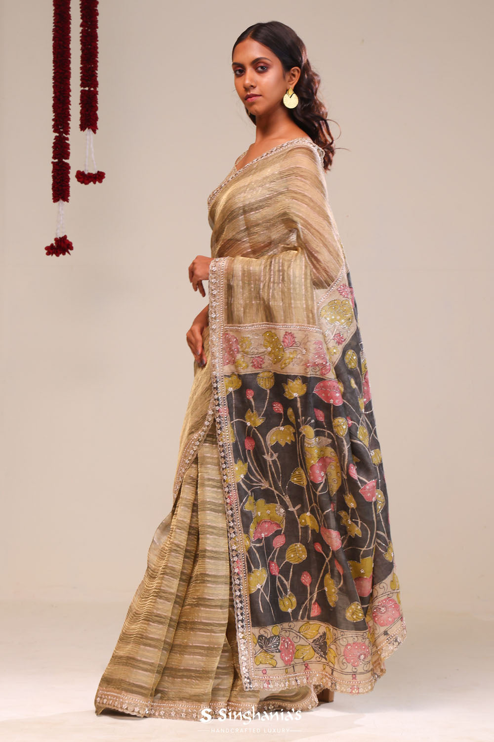 Khaki Green Handcrafted Designer Tissue Saree